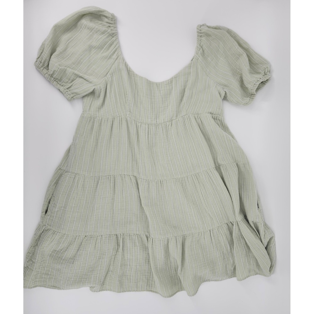 Every Sage Green Striped Tiered Mini Dress Womens XL Puff Sleeve Pockets Gauze